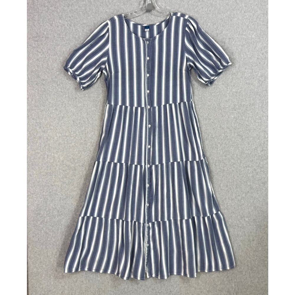 Old Navy Puff-Sleeve Tiered Striped Midi Swing Dress Size M Casual Effortless